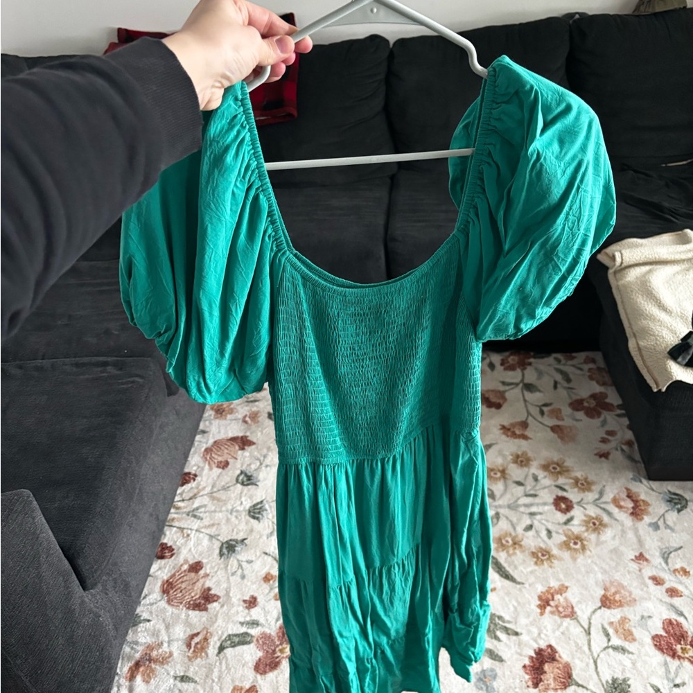 Chic Teal Midi Dress with Puff Sleeves